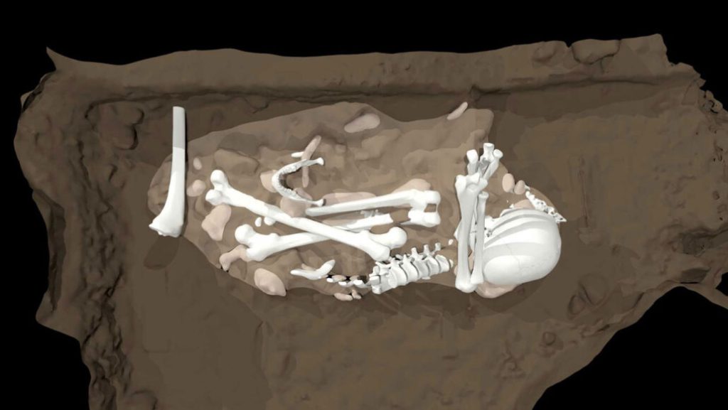 A magzatpózban a földanya-méhét jelképező sírba helyezett Homo Naledi csontváz. Kép forrása